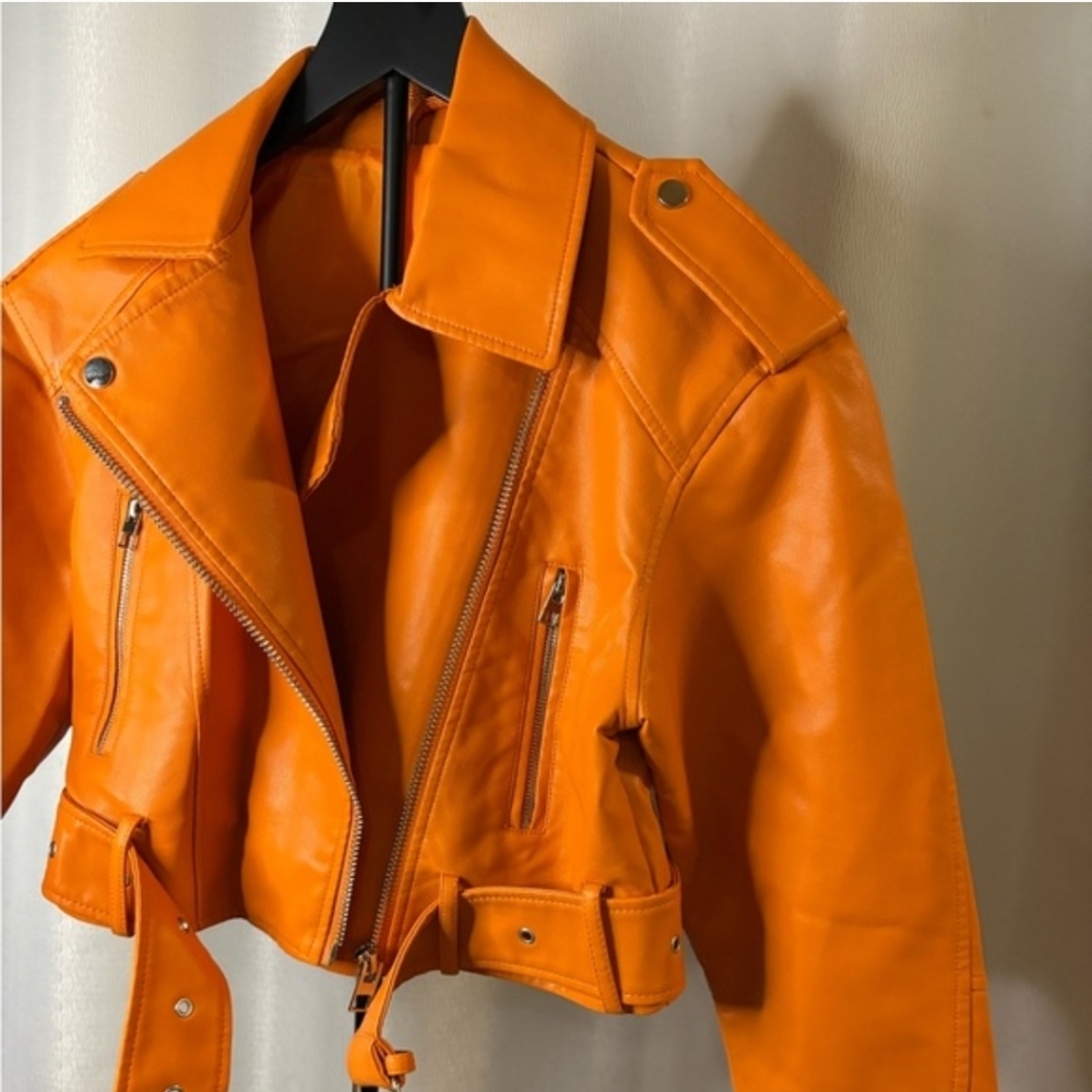 Orange Women's Leather Moto Jacket